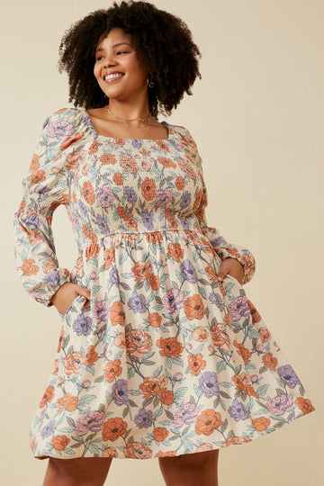 HY6506 IVORY Womens Romantic Floral Smocked Detailed Dress Front